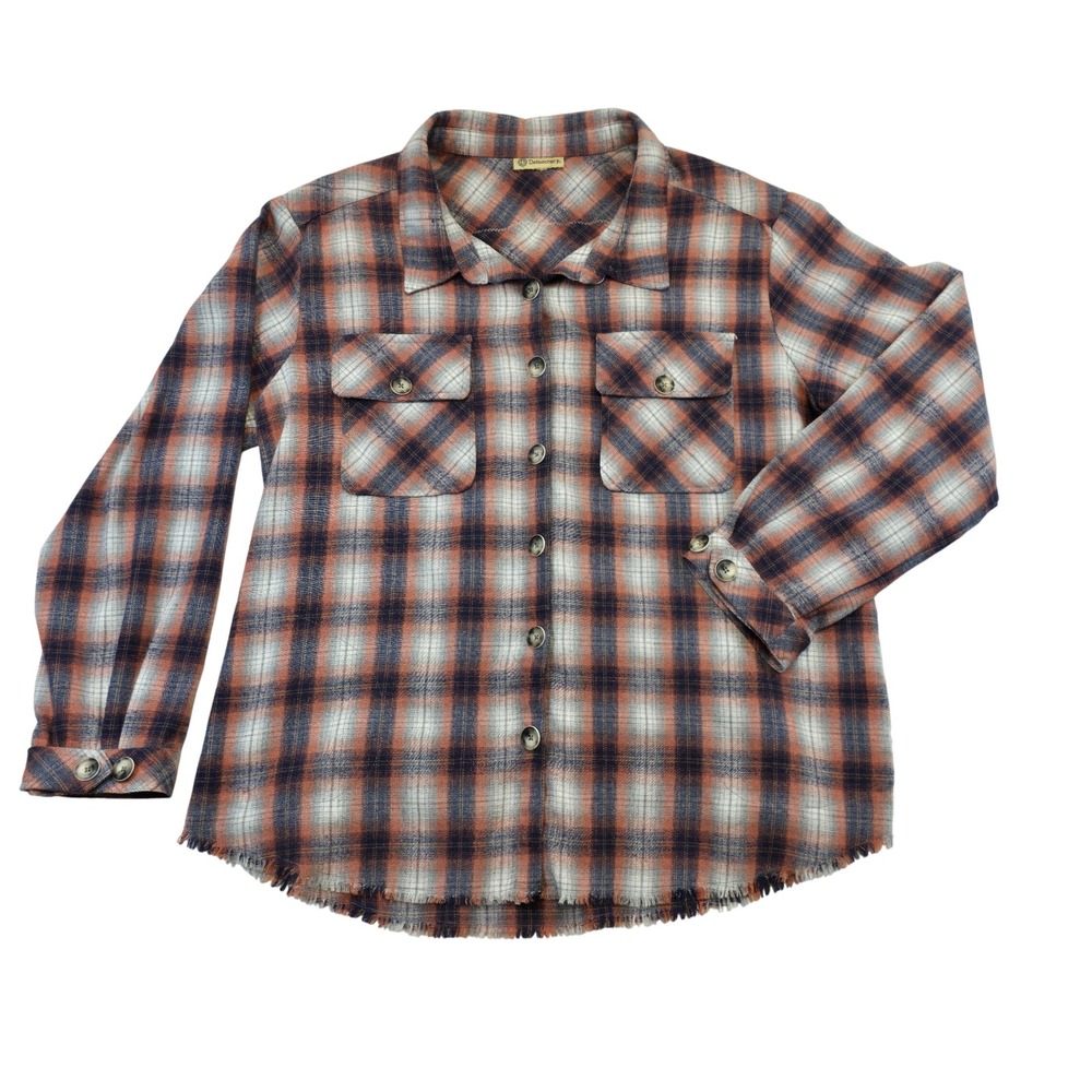 Democracy Plaid Flannel Shirt L Disney Grumpy Back Patch Fringe Hem Shacket